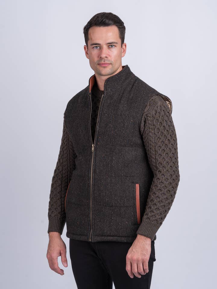Brown Hopsack Tweed Body Warmer & Gilet With Leather Trims for wholesale on Faire1