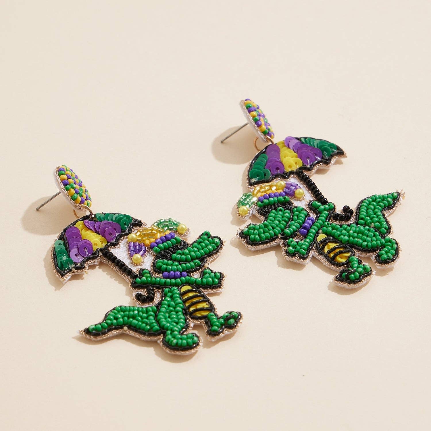 Green Mardi Gras Alligator Beaded Earrings Fun Festive Jewelry Accessory for wholesale on Faire1