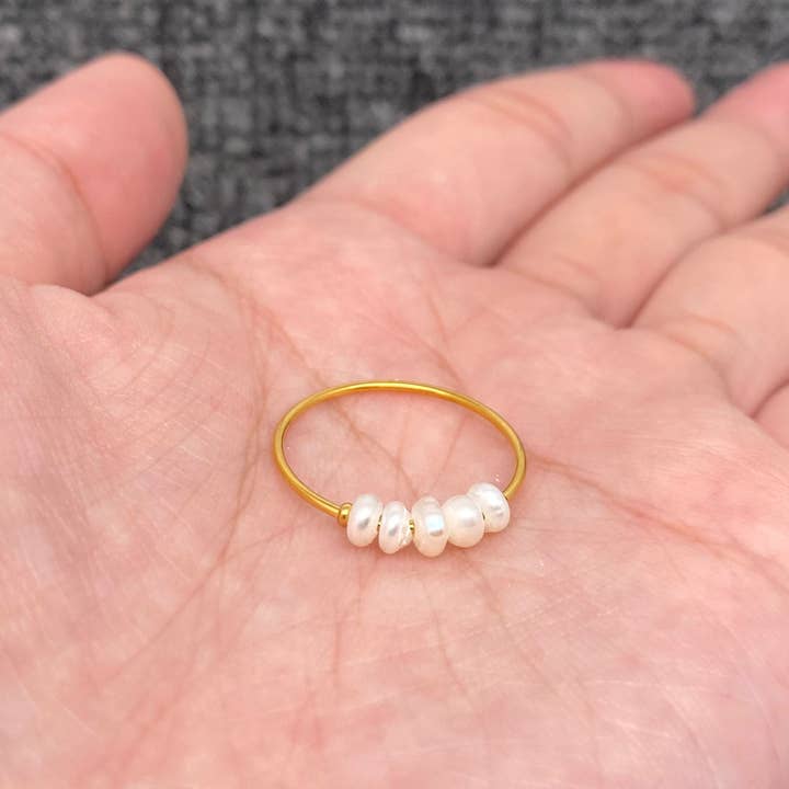 Mio Queena - Wholesale Cocktail/Statement Ring - Pearl Beaded 18K Gold Plated Stainless Steel Fine Ring - FGS