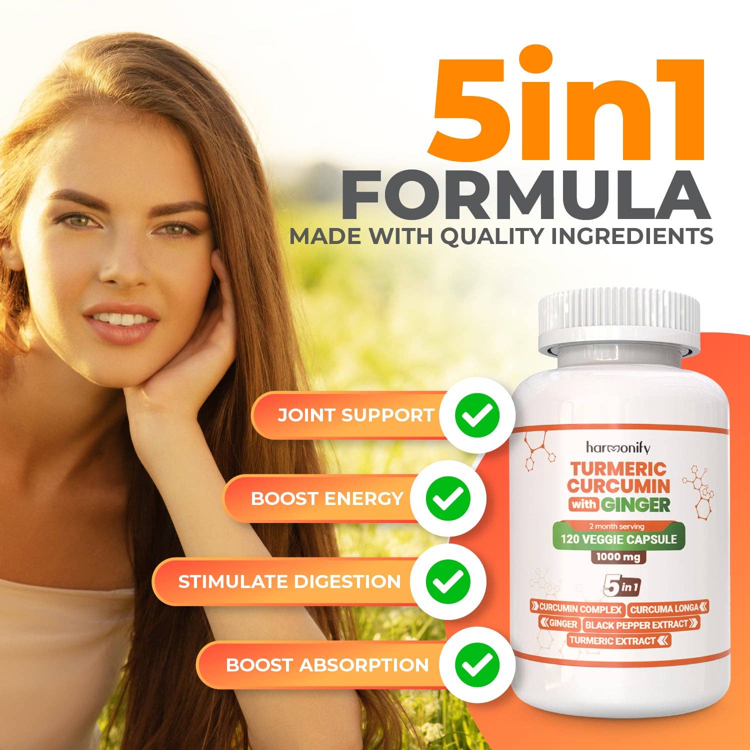 HARMONIFY - Vente Supplément oral/vitamine - Capsules véganes de curcumine, curcuma et gingembre 1000 mg1