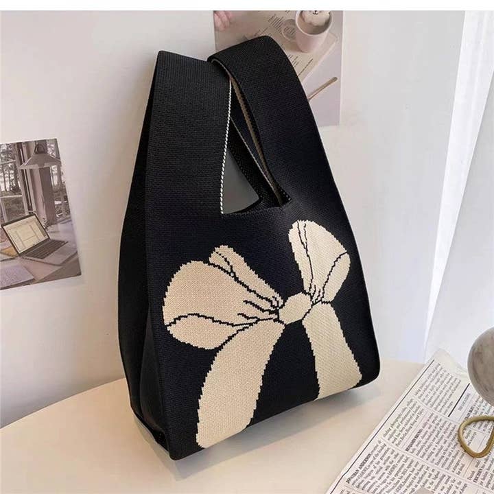 FurDecoration - Wholesale Tote Bag - Women's - Small Contrast Color Soft Openning Knitted Wrist Bag Handbag2