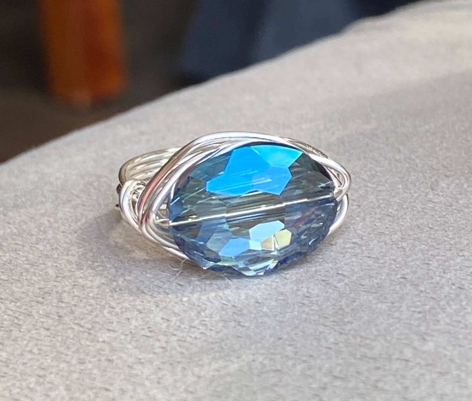 Marble Designs Jewelry - Wholesale Cocktail/Statement Ring - Blue Oval Crystal Silver Wire Wrapped Ring3