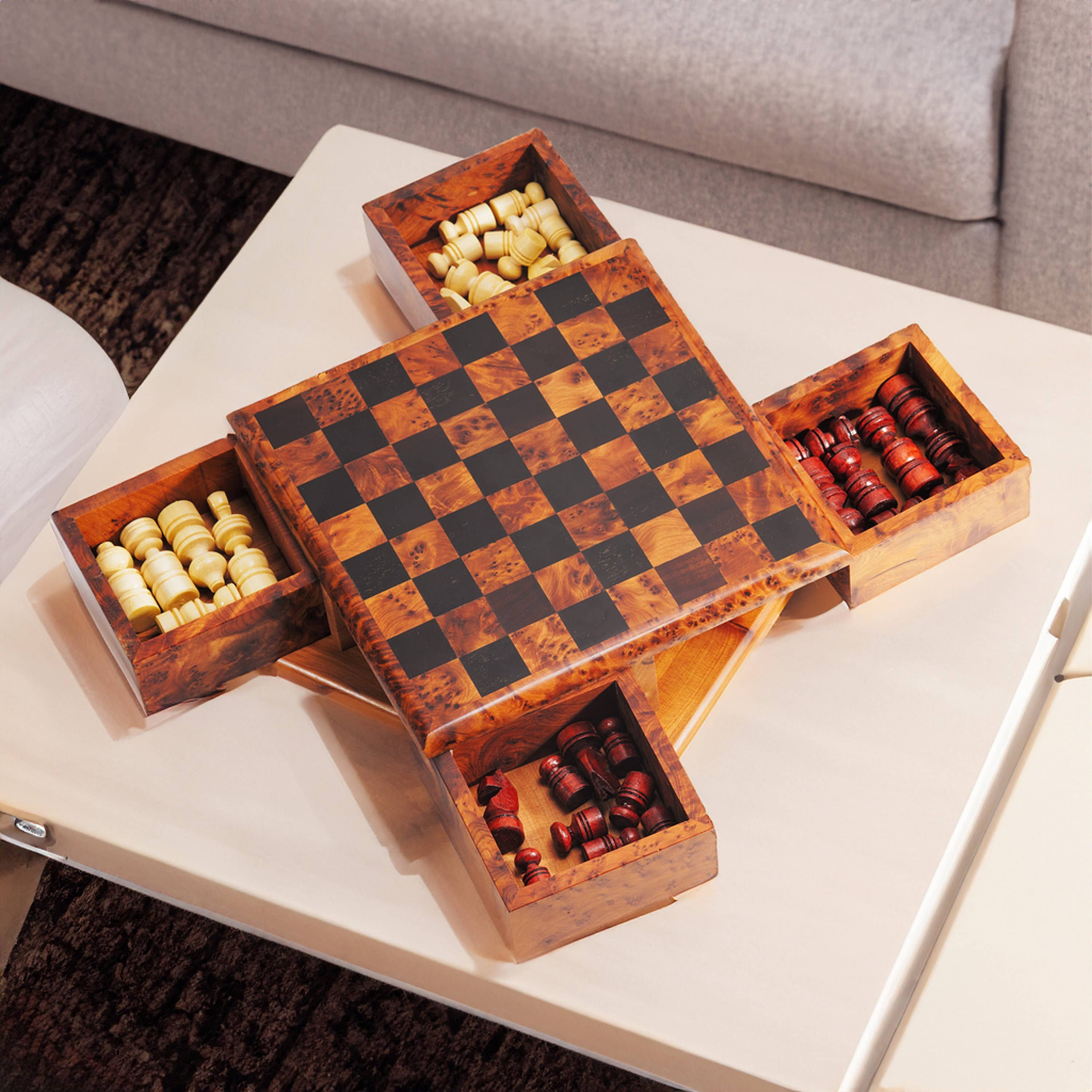 Yemma Goods - Wholesale Board Game - Thuya Wood Rotary Chess Board With Folding Compartments7