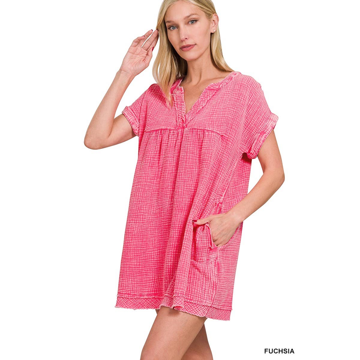 Apolline – Großhandel Kleid – Damen – GEWASCHENES KLEID MIT V-AUSSCHNITT AUS DOPPELTER GAZE MIT OFFENEN KANTEN6