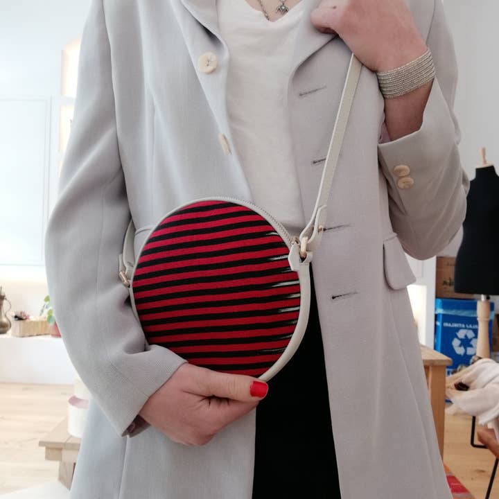 Beige Leather, Striped Crossbody Bag, Minimal Round Bag for wholesale by K’ai&Vrosi