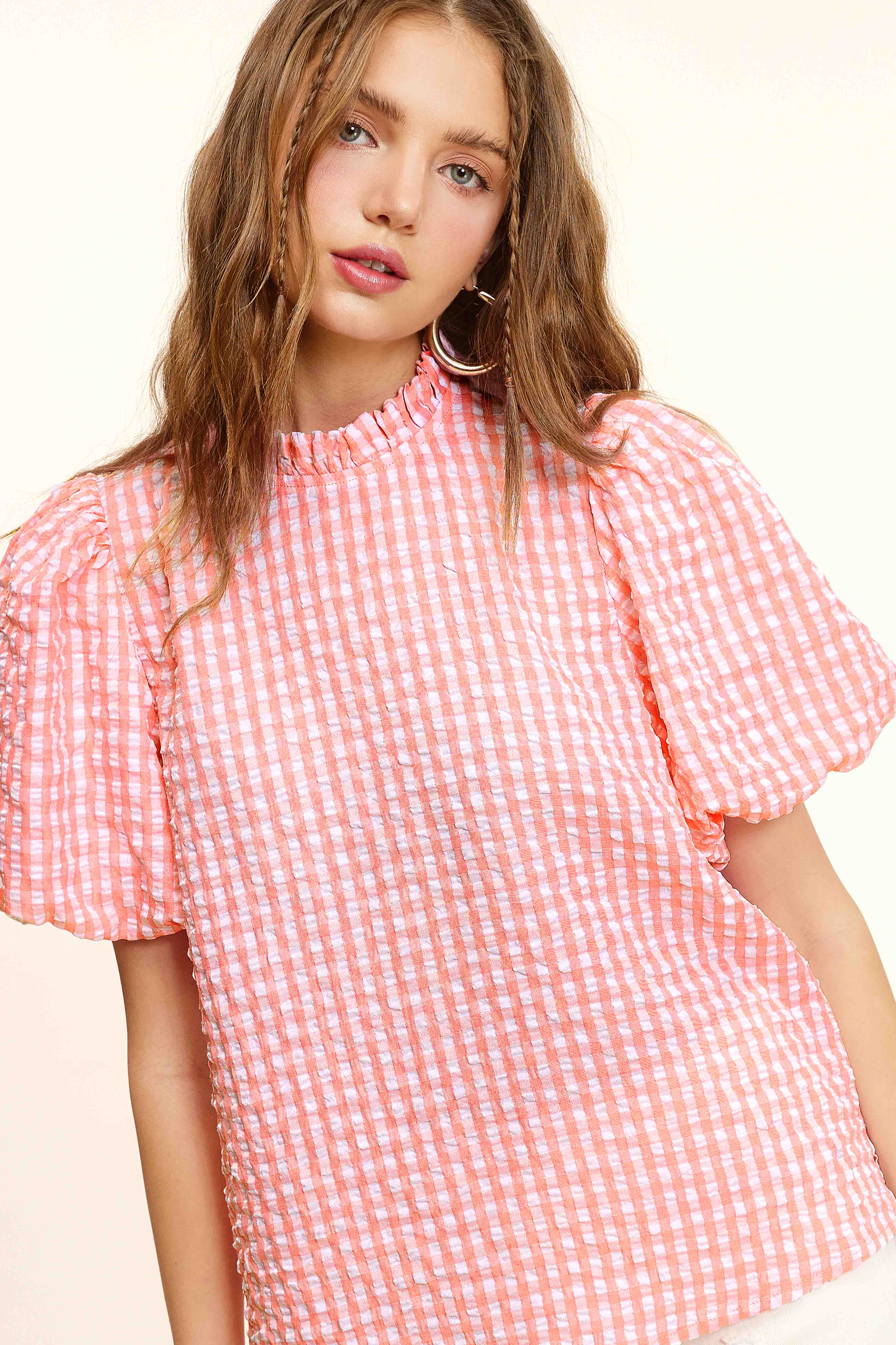 La Miel - Wholesale Blouse - Women's - HCT7697-Gingham Check Print Lovely Puff Short Sleeve Top4