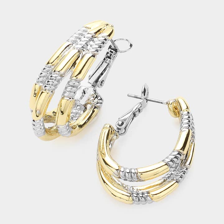 14K Gold Plated Two Tone Textured Metal Split Hoop Earrings for wholesale by Sensibling Corp.