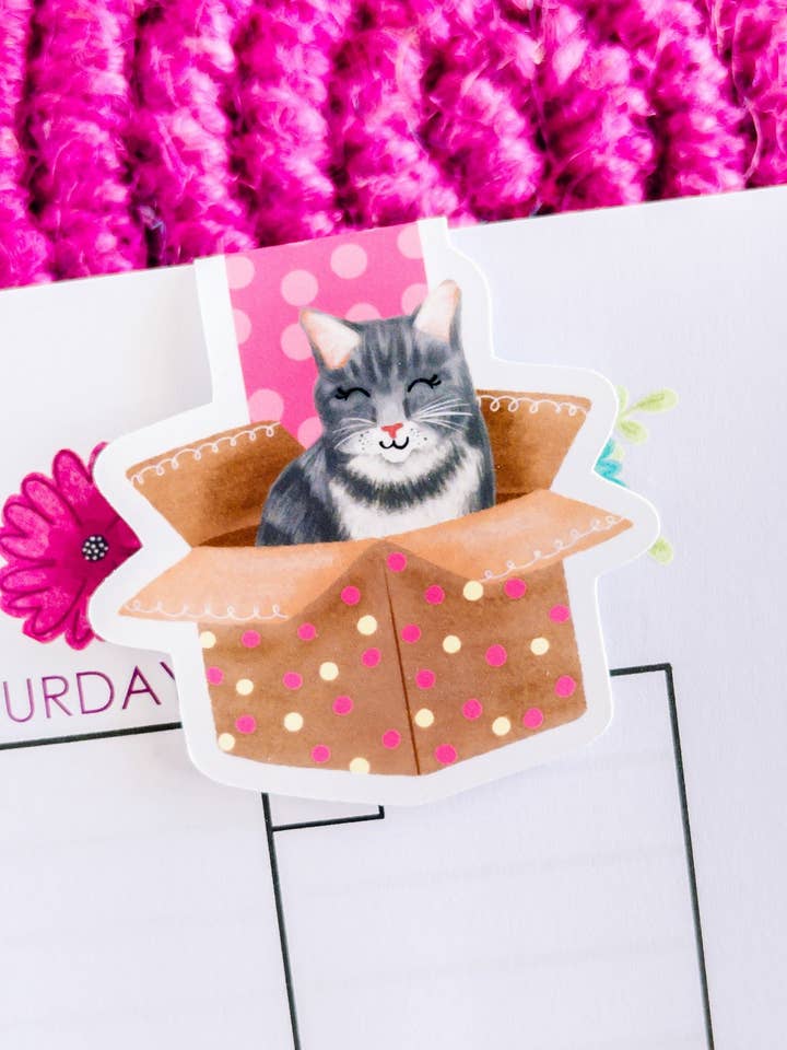 Kitty in a Box Magnetic Bookmark for wholesale by Emily Cromwell Designs
