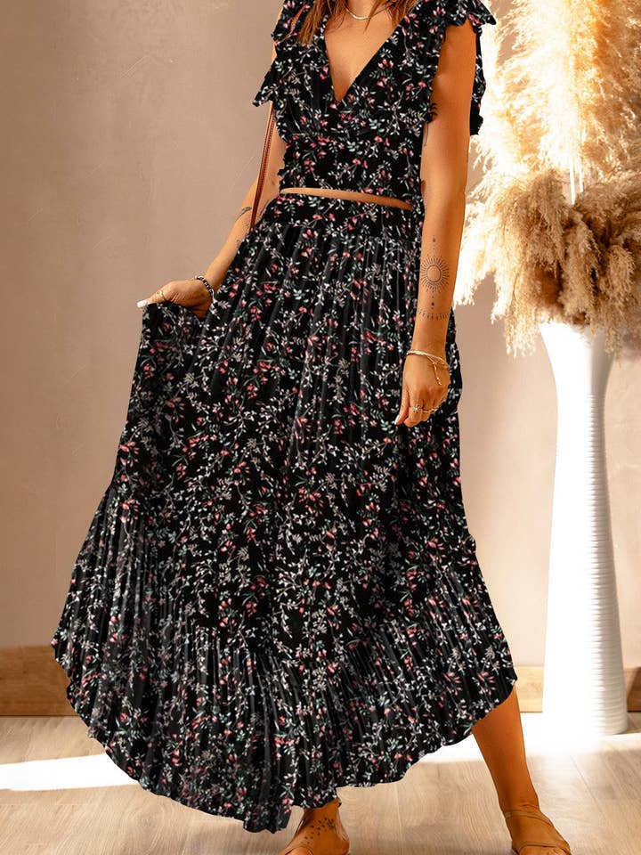 FULL TIME PURCHASE - Wholesale Top & Skirt Set - Women's - Floral Ruffled Crop Top and Maxi Skirt Set