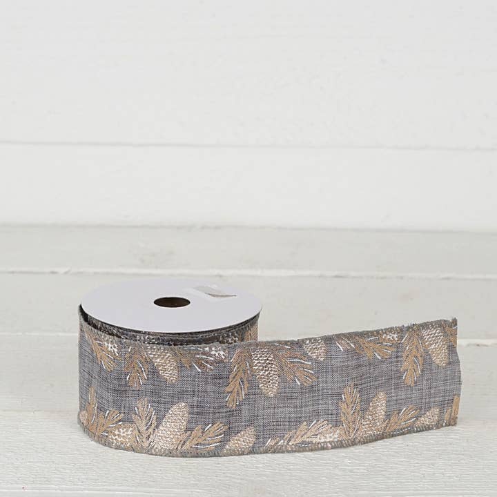 Holiday Depot Inc. - Wholesale Ribbon - Gift Wrapping - R32927-Wired Ribbon-Gray Burlap w. golden pinecones (2.5inW)