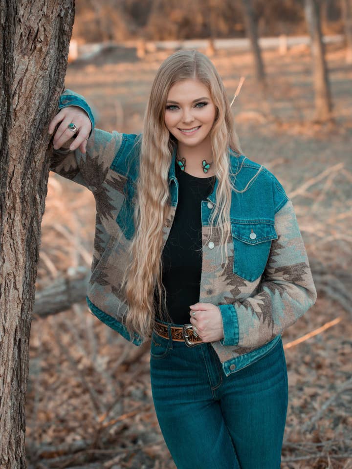 Ladies Denim with Aztec Fashion Jacket-L-25917 for wholesale by MontanaCo