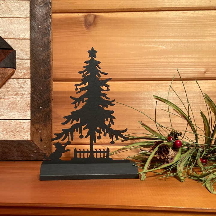 Madison Bay Co. - Historical Home Decor Reproductions - Wholesale Christmas Decoration - 7" Wood Christmas Tree & Cat Silhouette Tabletop Décor