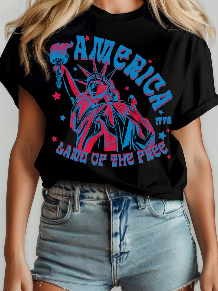 Amused by Blue - Wholesale Screen Printed T-Shirt - Women's - Women Freedom Graphic Print Short Sleeve Top1