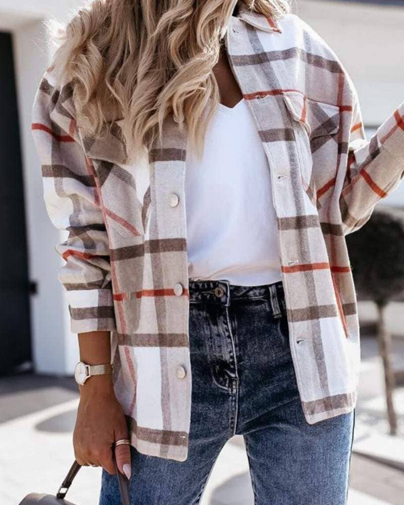 Fashion Combination - Wholesale Jacket - Women's - plaid print long sleeve button up shacket3