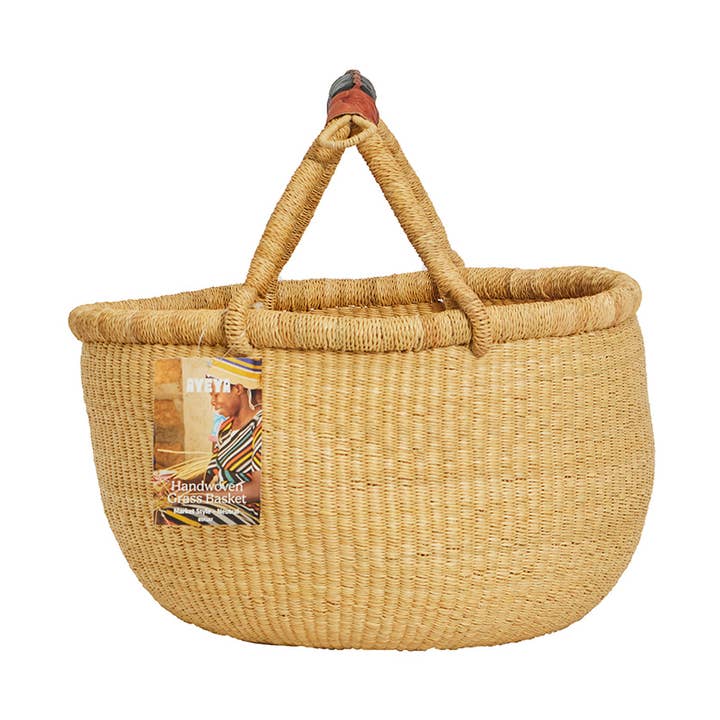 Handwoven Market Style Grass Basket Neutral 15" x 9" x 14" for wholesale by Ayéya