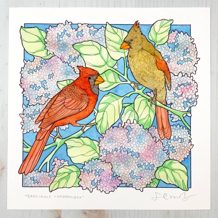 Cardinals and Hydrangea - 8x8" Archival Print for wholesale by Sarah Draws Things