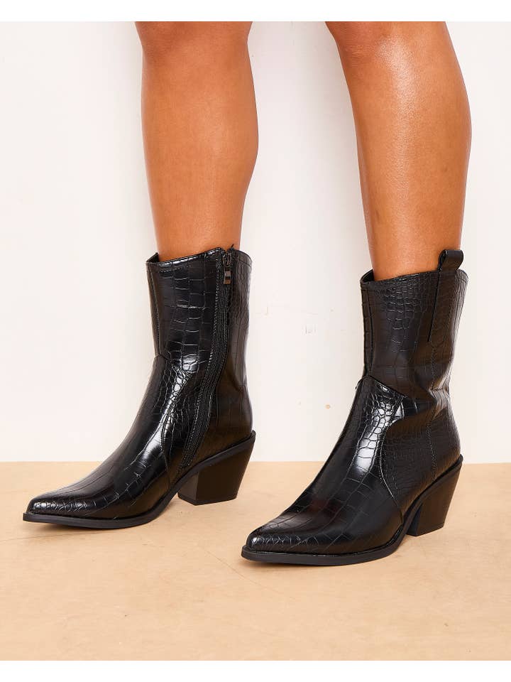 Femme Luxe – wholesale Booties – Women's – Black Patent Croc Pointed Toe Chunky Block Heel Ankle Boots - Dakota4