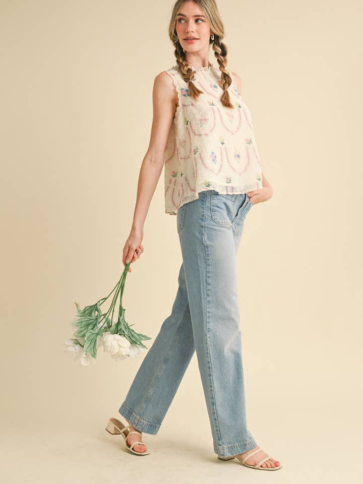 &MERCI - Wholesale Blouse - Women's - FLORAL EMBROIDERY BABYDOLL TOP MTP400640