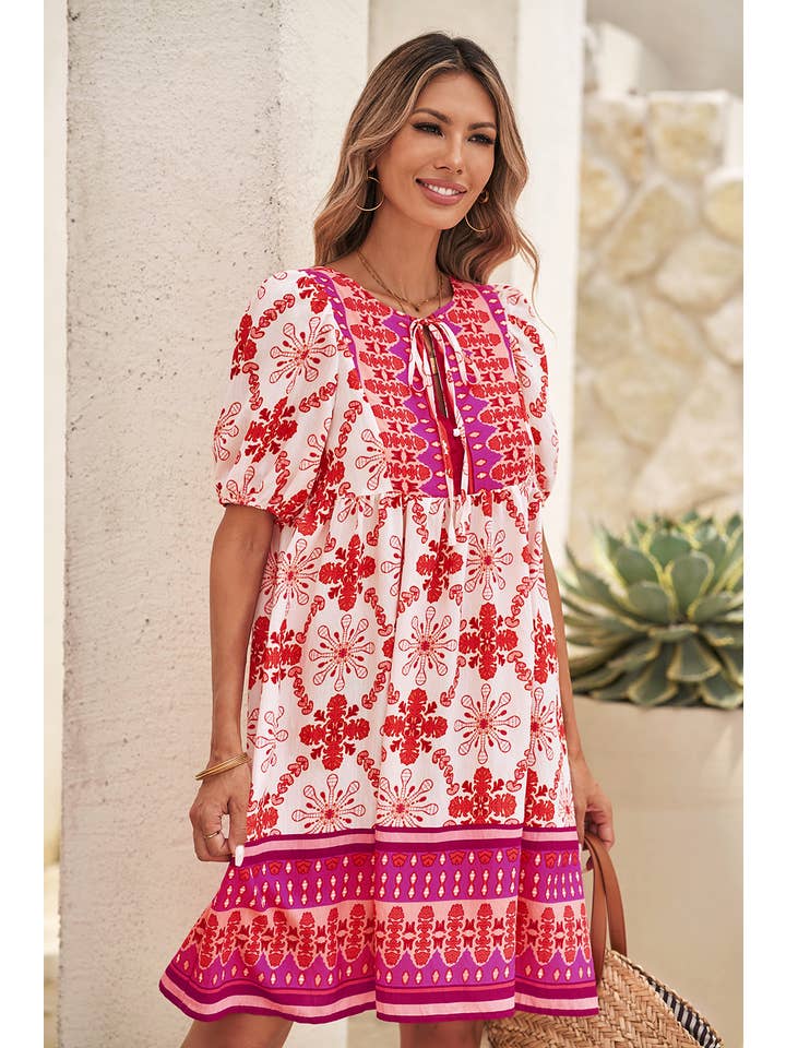 Rose LDC Boho Floral Short Sleeve Lace-up V Neck Mini Dress for wholesale on Faire