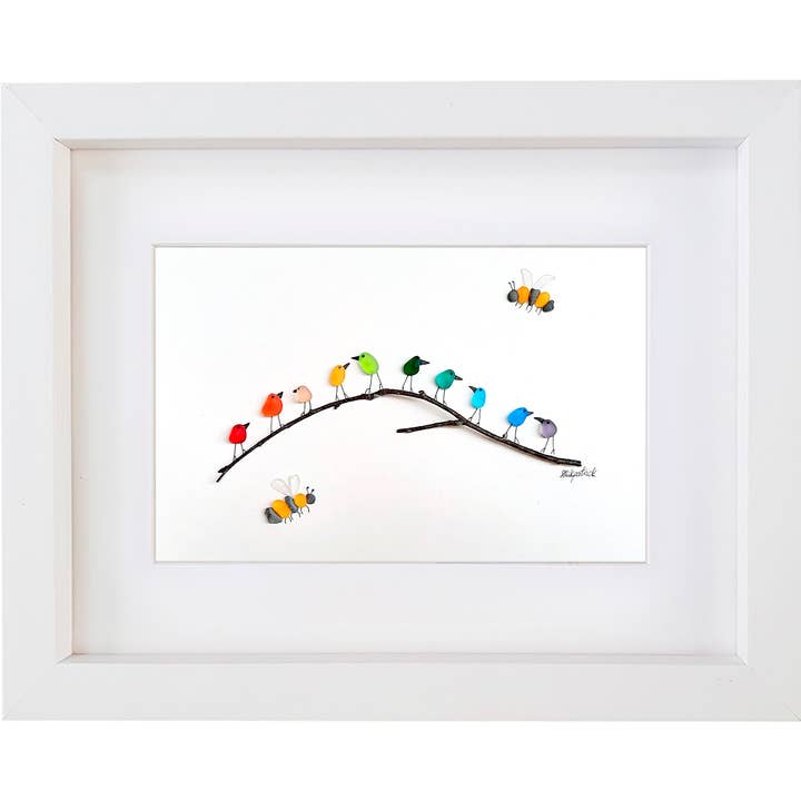 Wanddecoratie van regenboogvogels met bijen - Fotodecor van zeeglas voor wholesale door UrchinArtworks