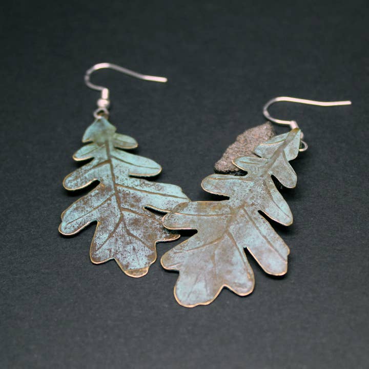 Plataica - Wholesale Dangle Earrings - Oak leaf earrings in brass and 925 silver with green patina5