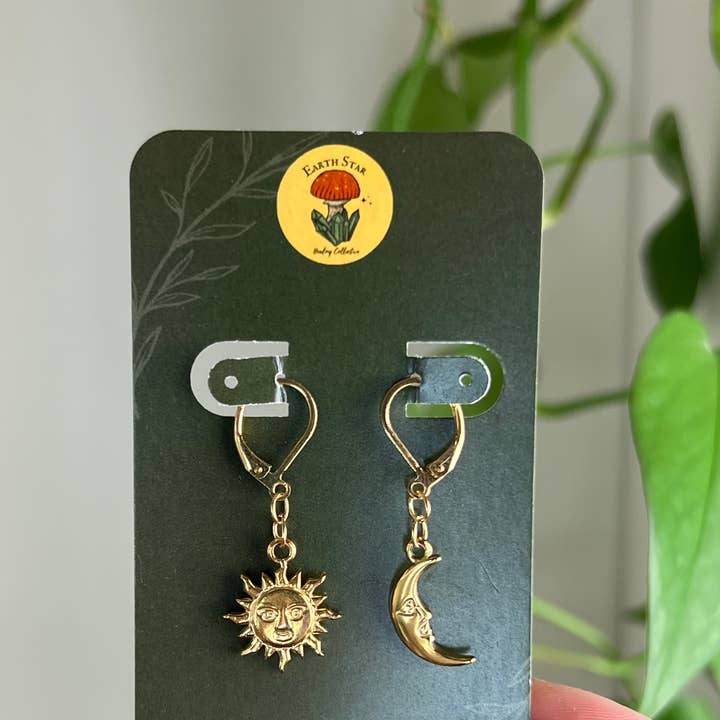 Sun and Moon Earrings - 24K Gold - Celestial - Huggie for wholesale by Earth Star Healing Collective