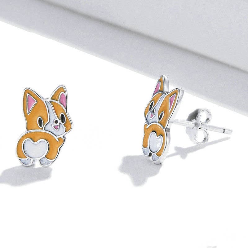 Perimade & Co. LLC - Wholesale Stud/Post Earrings - Welsh Corgi Dog Enamel Stud Earrings in 925 Sterling Silver2