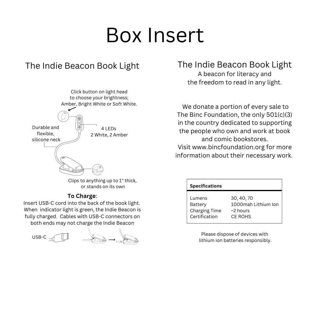 Indie Beacon Book Light - Wholesale Booklight - 10 pack - Indie Beacon Rechargeable Book Light4