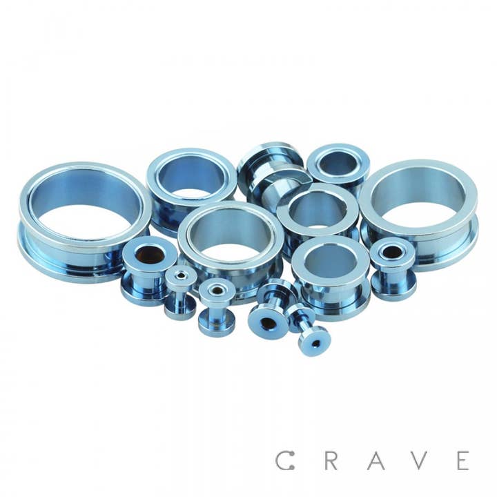 LIGHT BLUE PVD PLATED OVER 316L SS SCREW FIT TUNNEL PLUG for wholesale by CRAVE