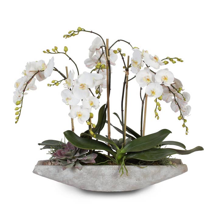 Real Touch White Phalaenopsis Orchids in a Stone Boat Pot for wholesale by JENNY SILKS