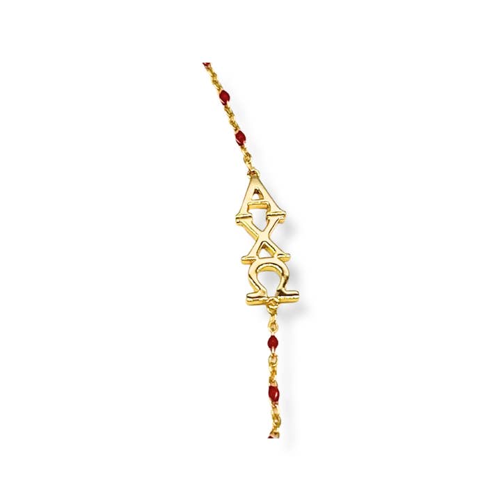 Red The Alpha Chi Omega Necklace: Side Set ΑΧΩ Enamel Bead Necklace for wholesale on Faire