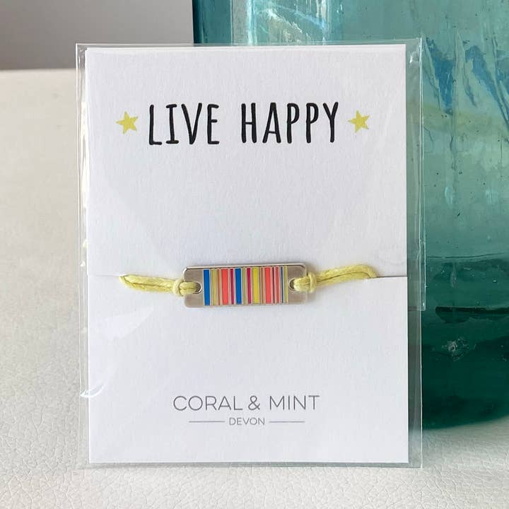 Coral & Mint - Wholesale Charm/Dangle Bracelet - ‘Live Happy’ String Charm bracelet with Neon Yellow