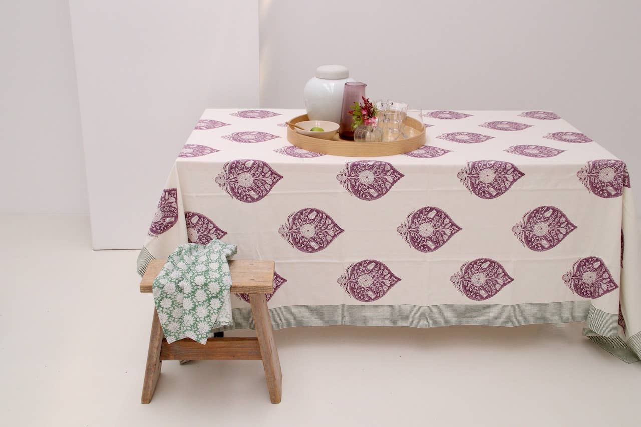 Rozablue - Vente Nappes - Nappe imprimée à la main Peony aubergine 160 x 270 cm2