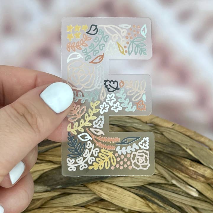 Floral E Sticker. Clear Matte Letter Sticker. Weatherproof Vinyl Sticker. for wholesale by Nolie Co
