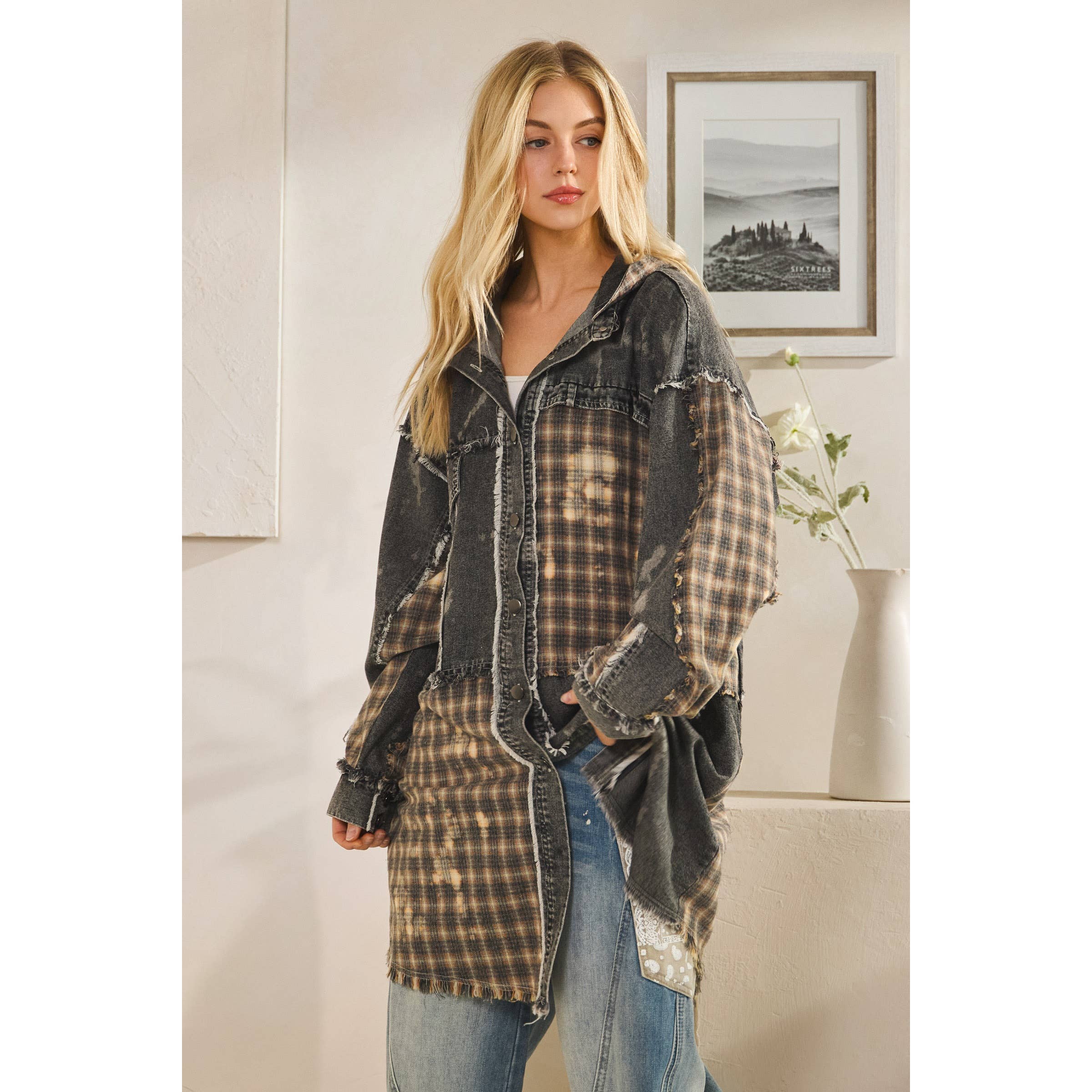 Oli&Hali - Wholesale Shirt Jacket/Shacket - Women's - WASHED BLEACHED DENIM PLAID BUTTON FRONT SHACKET17