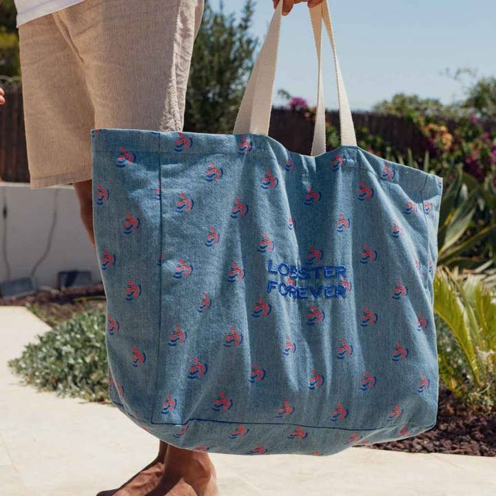 Large denim tote Lobster Forever for wholesale by Chamaye