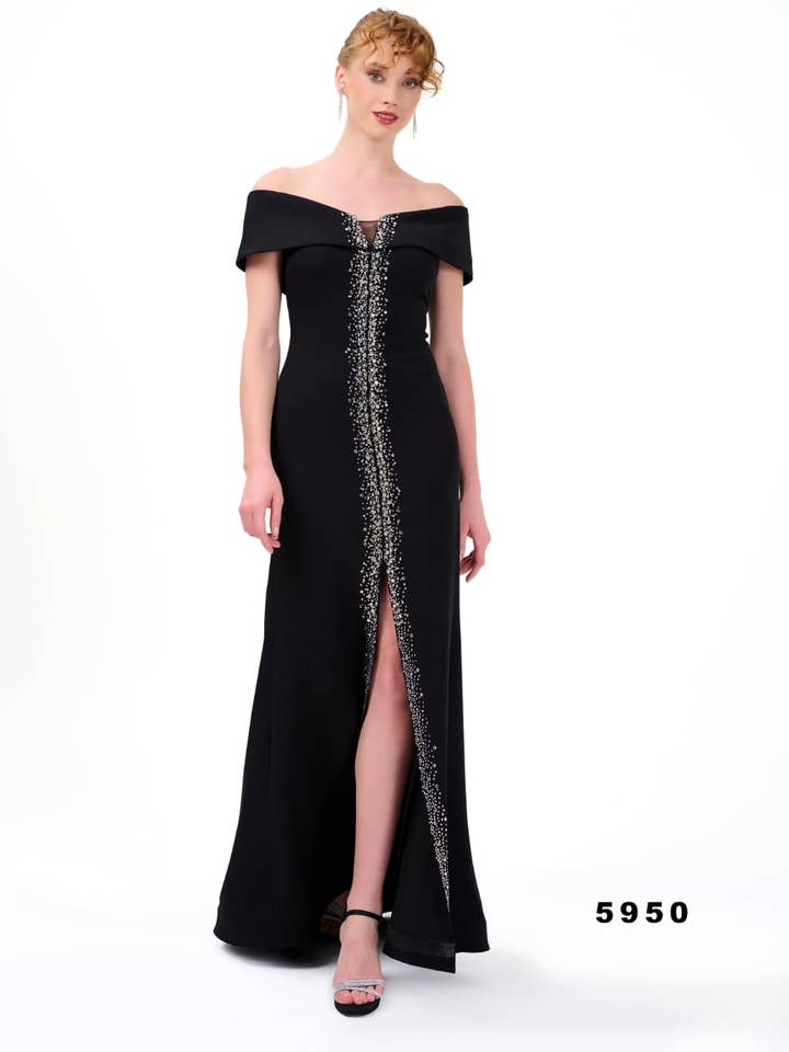 Elegant kleed met Carmen-halslijn & split C5950 - B2B voor wholesale door Lamia Braut- und Abendmode bu Aynur