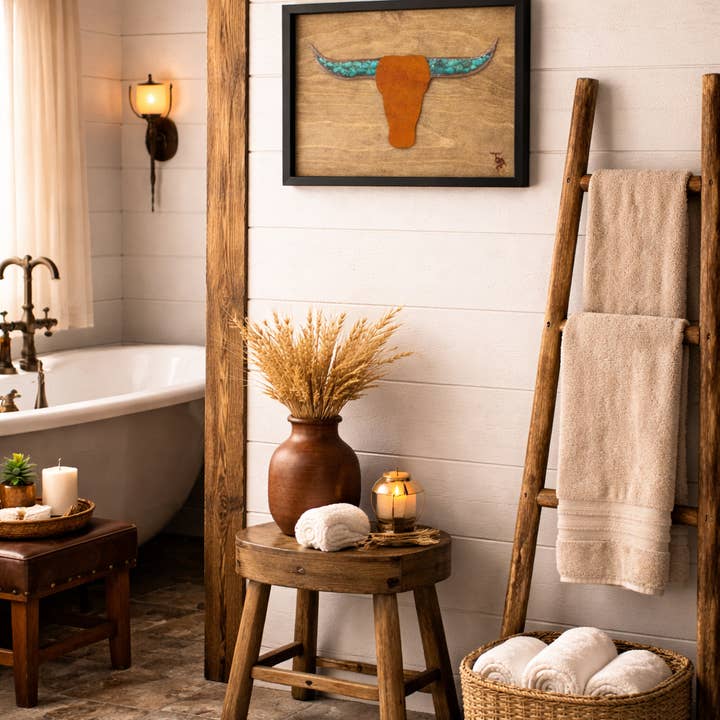 Ember & Elm Home Decor & More - Wholesale Art Print - Turquoise Longhorn Wall Art | Cowhide Face & Rustic Frame5