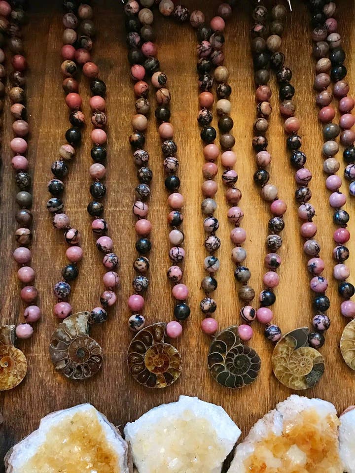 Ammonite & Rhodonite hand knotted necklace for wholesale by Wingostarrjewelry
