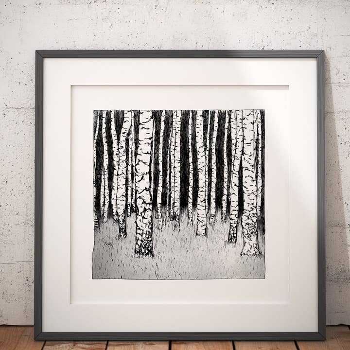 Birch Trees Art Print - Black and White for wholesale by Drawn Together Art Collective