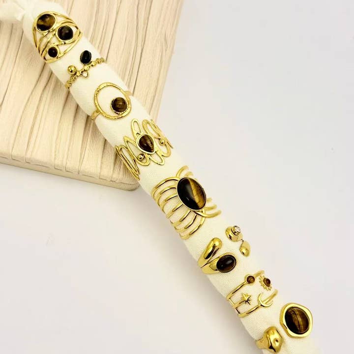 COSMOS – Conjunto de joias por atacado – Conjunto de 8 anéis adornados com pedra natural Olho de Tigre0