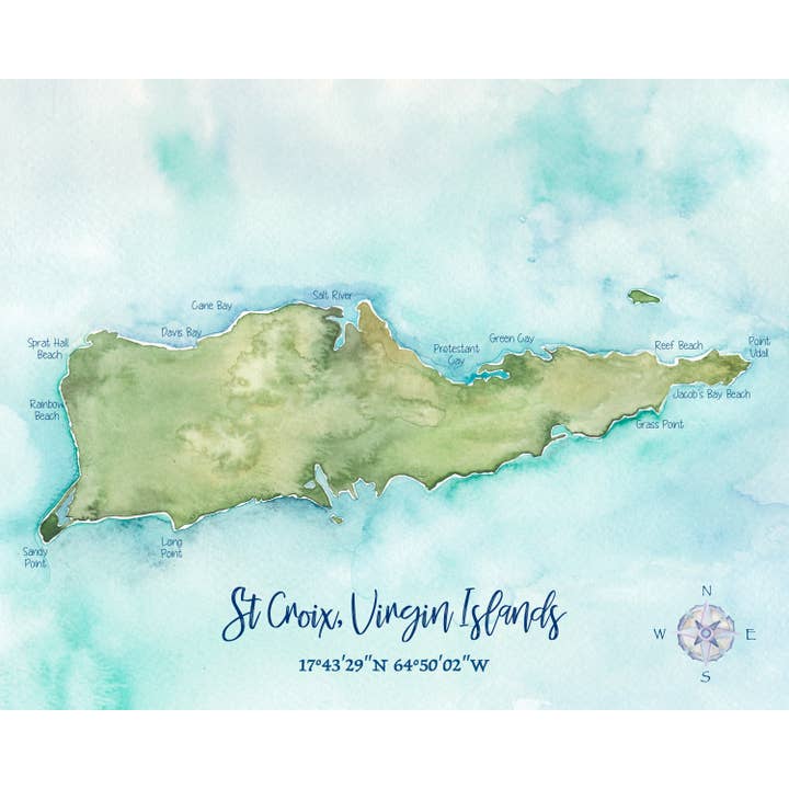 St Croix VI Hand-painted Watercolor Map - Art Print for wholesale by Molly Joseph Fine Art