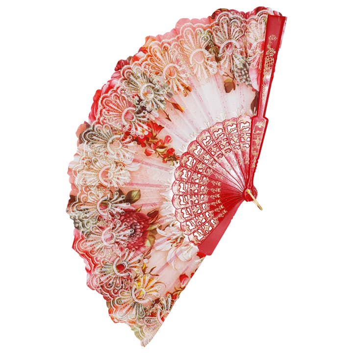 Cap Zone - Wholesale Handheld Folding Fan - Peony Lily Gold Glitter Handheld Folding Fan