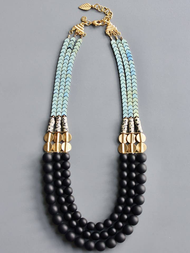 HYL221 Jet glass and hematite triple strand necklace for wholesale by David Aubrey Jewelry