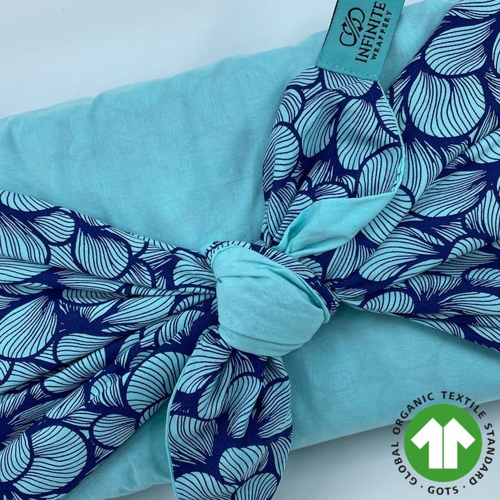 Infinite Wrappery - Wholesale Flat Wrap - Reversible Fabric Gift Wrap Blue Petals/Aruba Blue 55x55 cm
