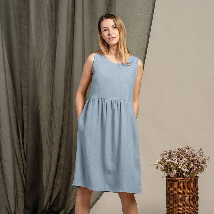 100% Linen Smock Dress Eliza - Natural Midi Linen Dress for wholesale by menique
