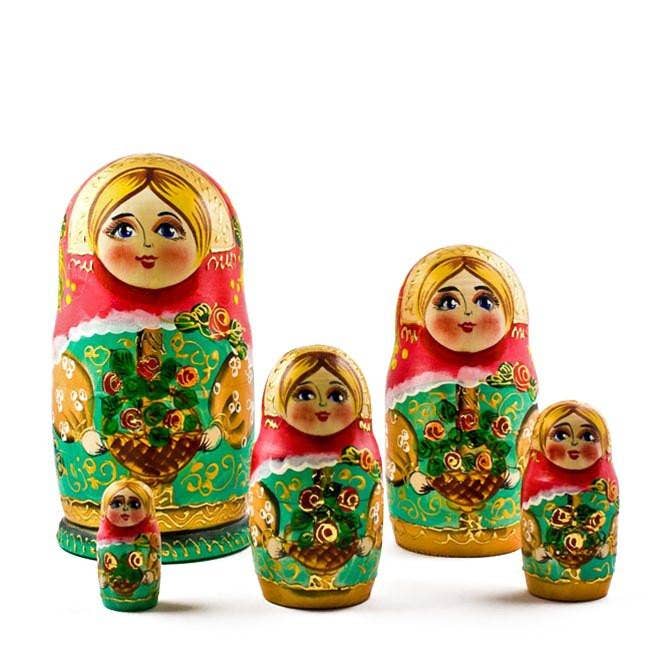 BestPysanky – wholesale Docka - Barn – 5 flickor med korgblommor ryska dockor 16,5 cm