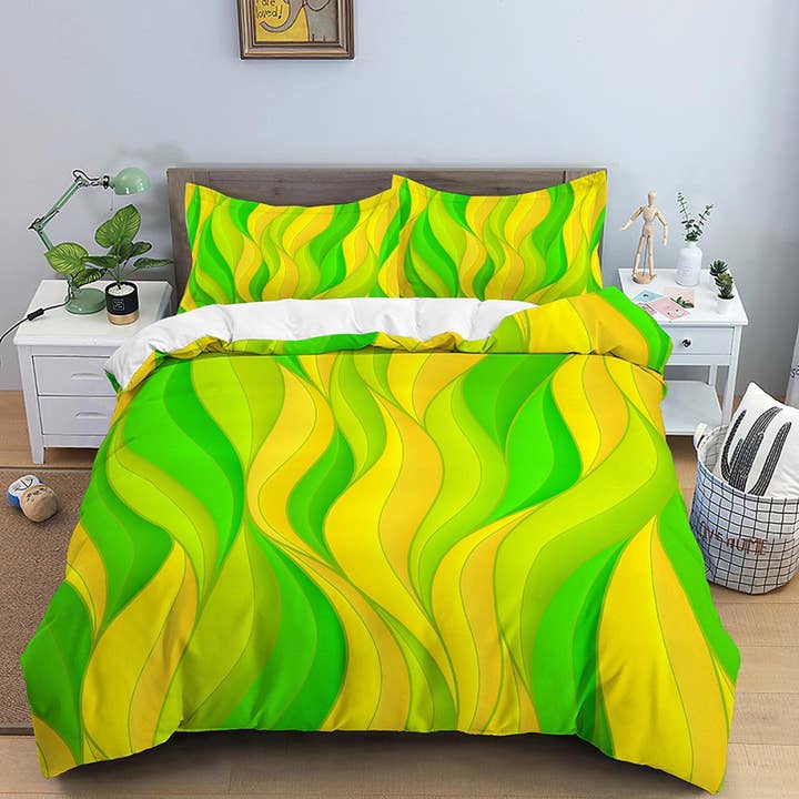 Juego de cama moderno de mediados de siglo para dormitorio, funda de edredón amarillo y verde, decoración estética de la habitación, juego de cama Boho Chic, completo, colorido para venta al por mayor de daintyduvet