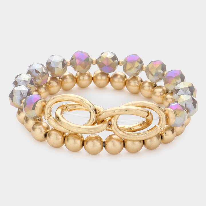 2PCS - Pulseras elásticas con cuentas facetadas de bolas metálicas y eslabones ovalados de metal abierto para venta al por mayor de Sensibling Corp.