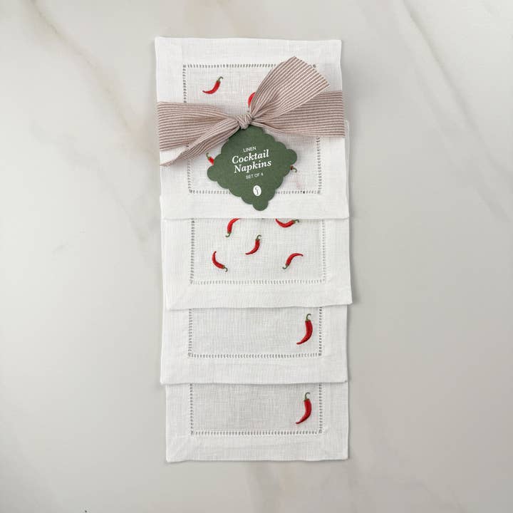 Chili Pepper Embroidered Cocktail Napkin Set for wholesale by Casey Jo Paper Co.